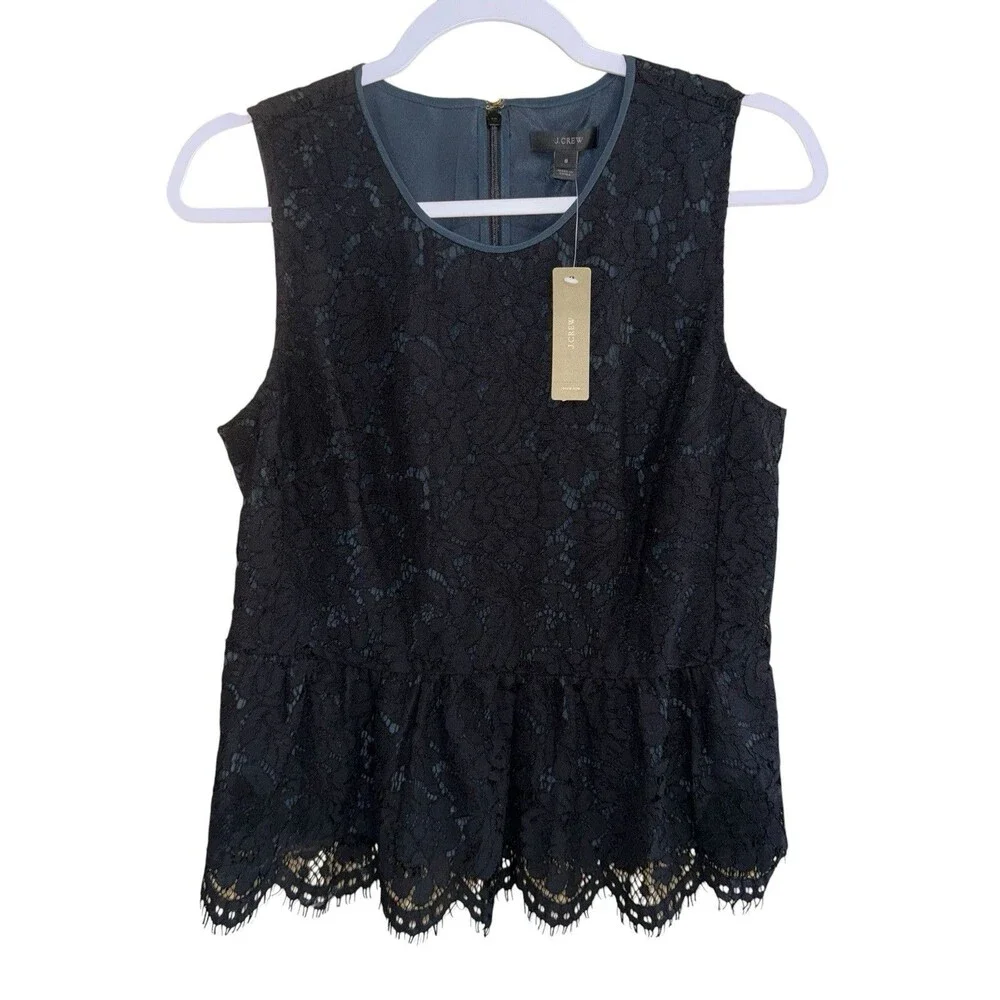NWT J. Crew Black Lace Sleeveless Peplum Top Chic Blouse Women’s Size 8 NEW $88